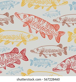 Seamless pattern with graphic pikes on a blue background. Wallpaper with river fish. Vector illustration.