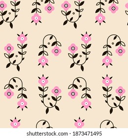 Seamless pattern of graphic pink flowers. Vector pattern on the beige background