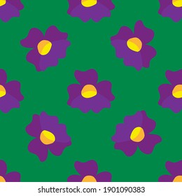 Seamless pattern with graphic purple flowers on green background.