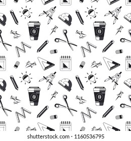 A seamless pattern with a graphic representation of office supplies for study and office work