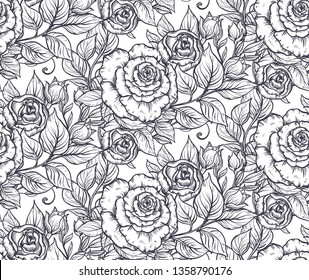 Seamless pattern with graphic rose flowers, vector floral endless background in vintage style