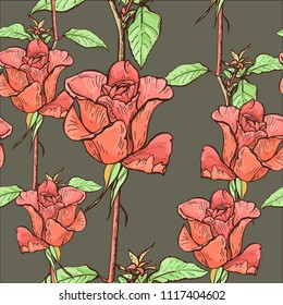 Seamless pattern of graphic roses, vector illustration.