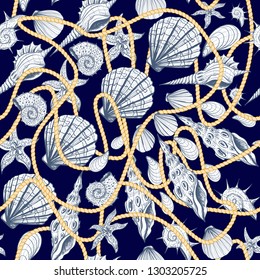 Seamless pattern with graphic shell in vintage style.