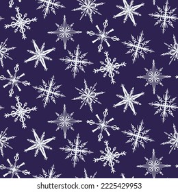 Seamless pattern with graphic snowflakes on a dark background. Background for packaging and any design. Concept graphic design element. Vector isolated illustration.