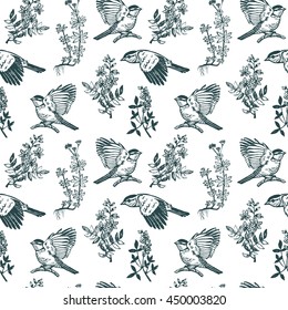 seamless pattern with graphic sparrow and herbal plant