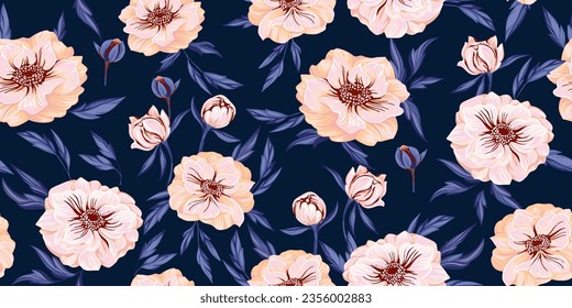 Seamless pattern with graphic spring flowers (trollius) with leaves. Ditsy flowers. Floral pattern Ranunculus, Trollius asiaticus flower, Globe flower vetor hand drawn. Template for textile, fashion