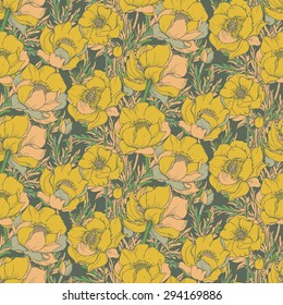 Seamless pattern with graphic spring flowers (trollius)