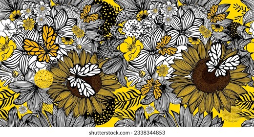 Seamless pattern graphic sunflowers and butterflies. Vector illustration