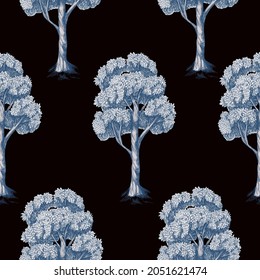 Seamless pattern with graphic trees and bushes. Interior print