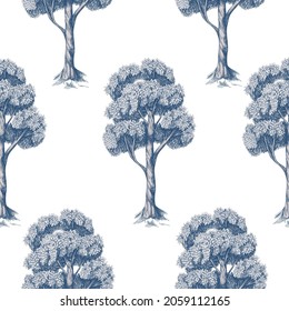Seamless pattern with graphic trees and bushes. Interior print