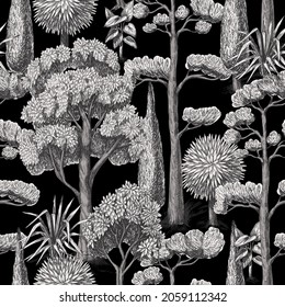 Seamless pattern with graphic trees and bushes. Interior print