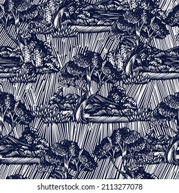 Seamless pattern with graphic trees, bushes and plants. 
Etching style print