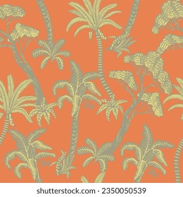 Seamless pattern with graphic trees and plants. Vector