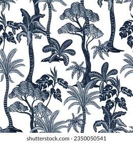 Seamless pattern with graphic trees and plants. Vector