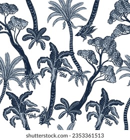 Seamless pattern with graphic trees and plants. Vector
