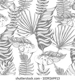 Seamless pattern with graphic tropical leaves. Vintage background.