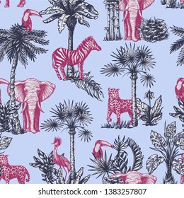 Seamless pattern with graphic tropical treees and jungle animals. 