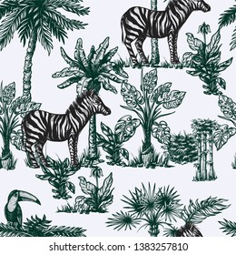 Seamless pattern with graphic tropical treees and jungle animals. 