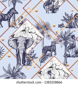 Seamless pattern with graphic tropical treees and jungle animals. 