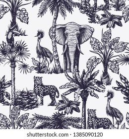 Seamless pattern with graphic tropical treees and jungle animals. 