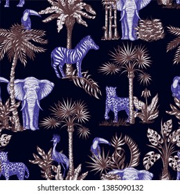 Seamless pattern with graphic tropical treees and jungle animals. 