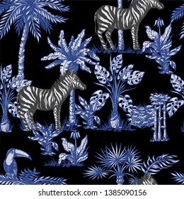 Seamless pattern with graphic tropical treees and jungle animals. 