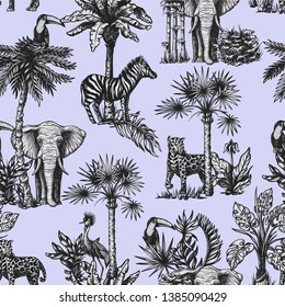 Seamless pattern with graphic tropical treees and jungle animals.