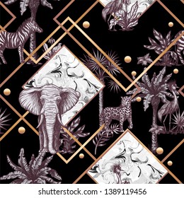 Seamless pattern with graphic tropical treees and jungle animals. 