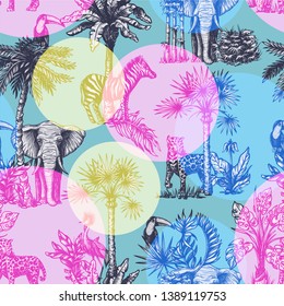 Seamless pattern with graphic tropical treees and jungle animals.