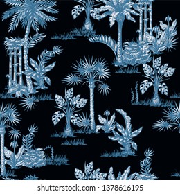 Seamless pattern with graphic tropical trees such as palm, banana, monstera for interior design. Vector.