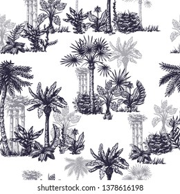 Seamless pattern with graphic tropical trees such as palm, banana, monstera for interior design. Vector.