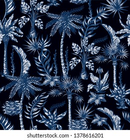 Seamless pattern with graphic tropical trees such as palm, banana, monstera for interior design. Vector.
