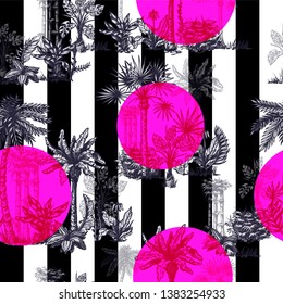 Seamless pattern with graphic tropical trees such as palm, banana, monstera for interior design. Vector