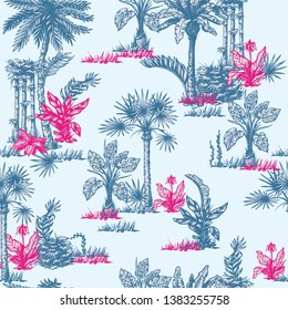 Seamless pattern with graphic tropical trees such as palm, banana, monstera for interior design. Vector.