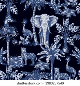 Seamless pattern with graphic tropical trees and jungle animals.