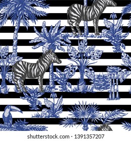 Seamless pattern with graphic tropical trees and jungle animals. 