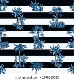 Seamless pattern with graphic tropical trees such as palm, banana, monstera for interior design. Vector