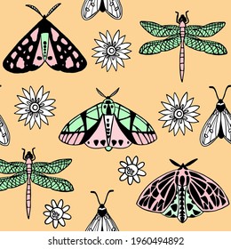 Seamless pattern graphic vector illustrations of butterflies, dragonflies, flowers. Texture with insects and plants for fabric, wallpaper, textile.