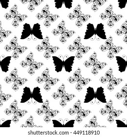 Seamless pattern of graphic vintage black lace and butterflies. Without background. Vector