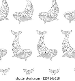 Seamless pattern graphic whale on a white background. Black and white vector illustration.