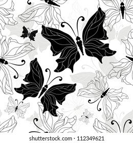 Seamless pattern with graphic white, black and gray vintage butterflies (vector)
