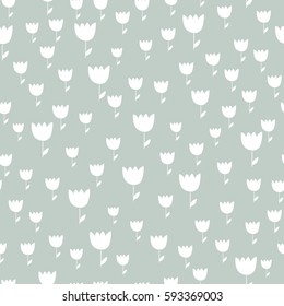 Seamless pattern graphic white tulips on gray background . Spring . Hand drawn Vector illustration. Nature texture. Wrapping paper.