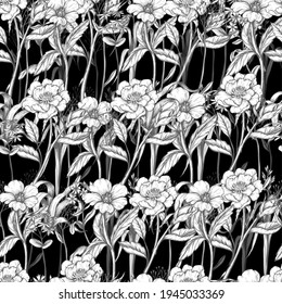 Seamless pattern with graphic wild flowers. Vector