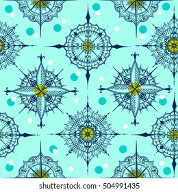Seamless pattern with graphic wind rose compasses drawn with floral elements. Vector illustration can be used for coloring book page design, tattoo template, business style, print on clothes or else.