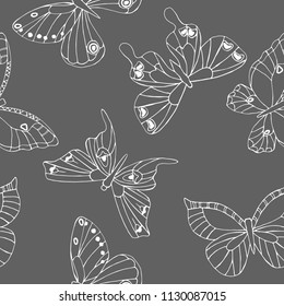 seamless pattern with graphical butterflies in monochrome colors