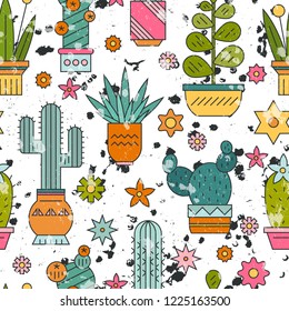 Seamless pattern with graphical cactuses and succulents