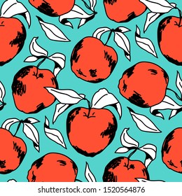 Seamless pattern of graphical, hand drawn red apples, fruits with leaves.