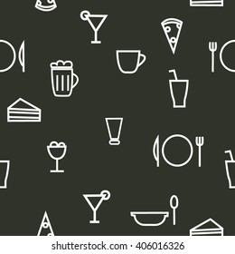 Seamless pattern graphical icons food and drink. Restaurant and foods outline icons set 