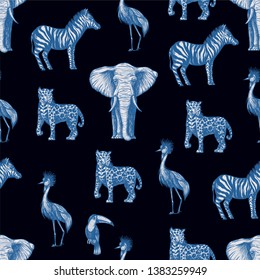 Seamless pattern with graphical  jungle animals. 
