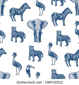 Seamless pattern with graphical  jungle animals. 